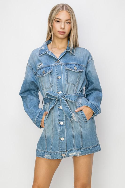 Risen Belted Long Denim Jacket