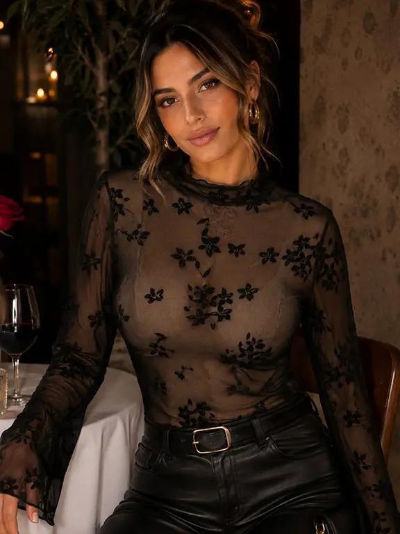 High Neck Fitted Sheer Mesh Lace Knit Top