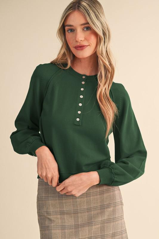 Puff Sleeve Henley Shell Button Sweater