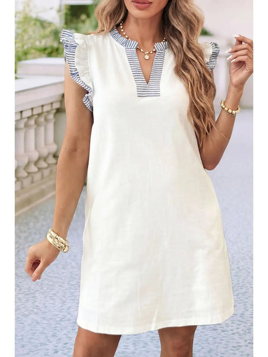 Striped Patchwork Split Neck Ruffle Trim Dress