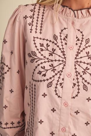 Embroidered Mock Neck Button Up Top