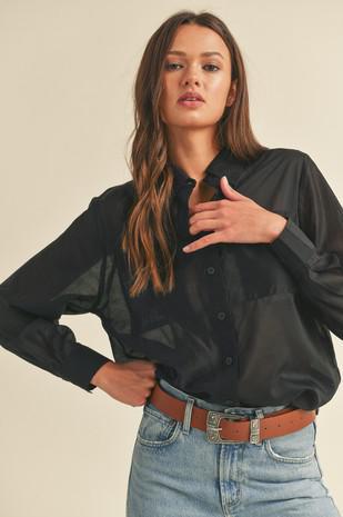 Sheer Collared Button Down-Black
