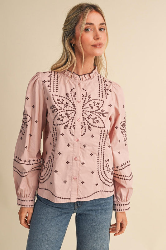 Embroidered Mock Neck Button Up Top