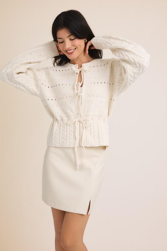 Front Ties Long Sleeve Open Knit Sweater Cardigan