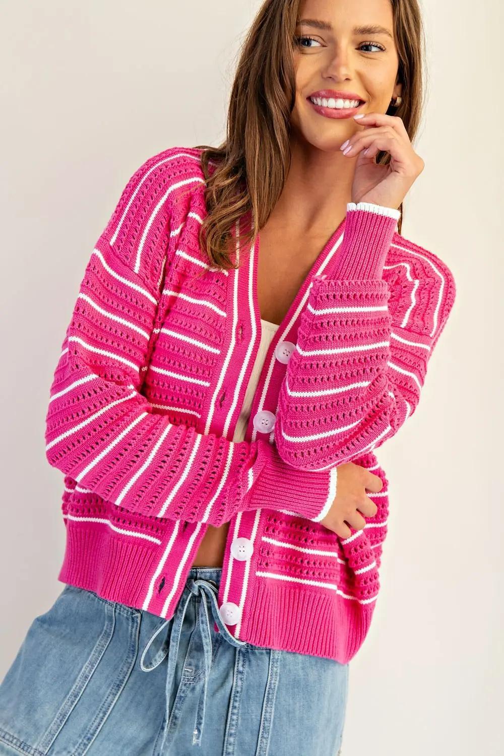 Textured Open Stitch Striped Knit Cardigan