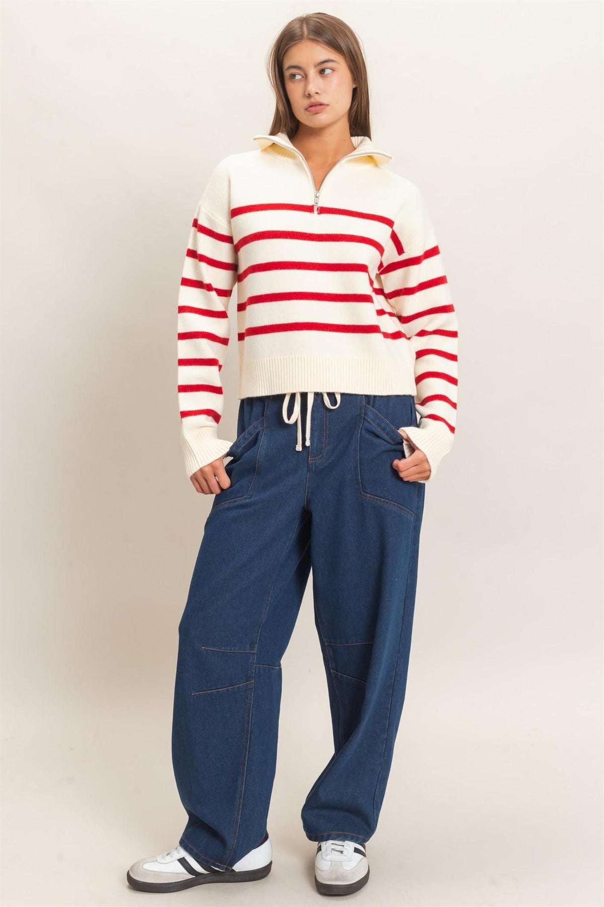 Half-zip Collared Stripe Sweater