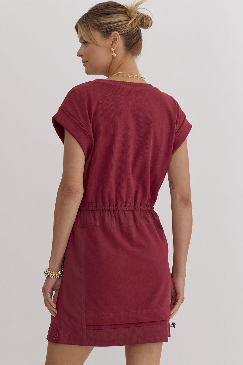 Short Sleeve Drawstring Dress -Garnet