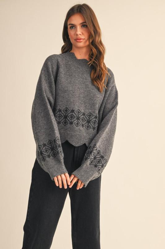 Scalloped Mock Neck Sweater With Embroidery