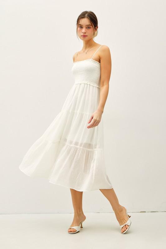 Sheer Midi Dress W/ Smocked Bodice-White