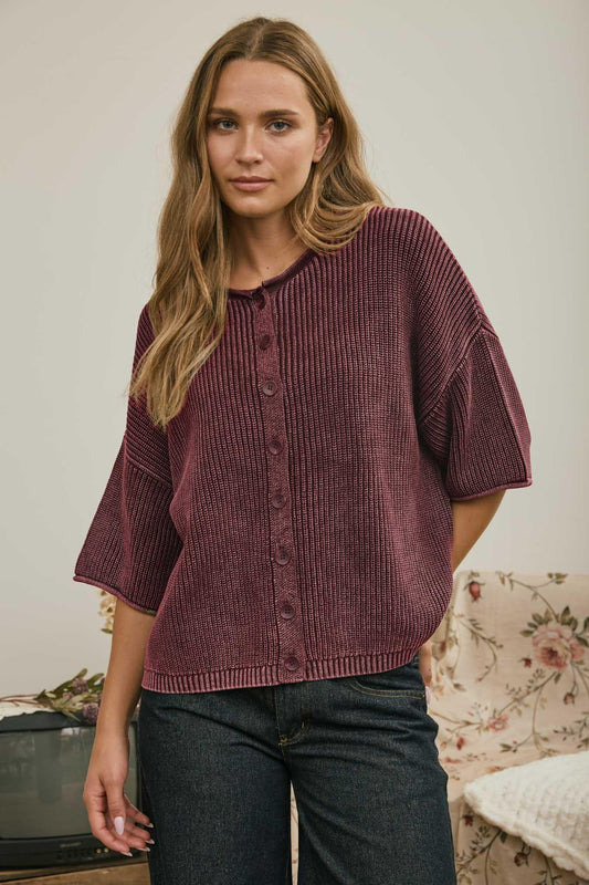 Washed Ribbed Rolled Edge Cardigan