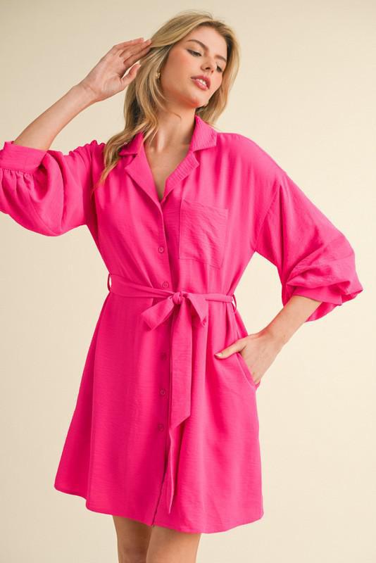 Belted Dress With Pockets-Hotpink