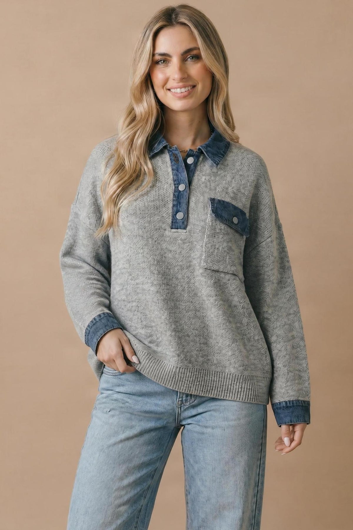 Denim Collar Textured Knit Top