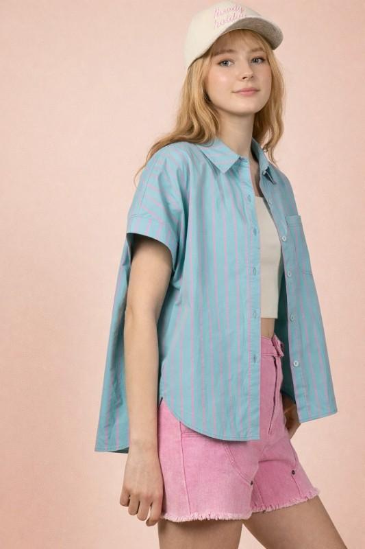 Oversized Short Sleeve Striped Button Up
