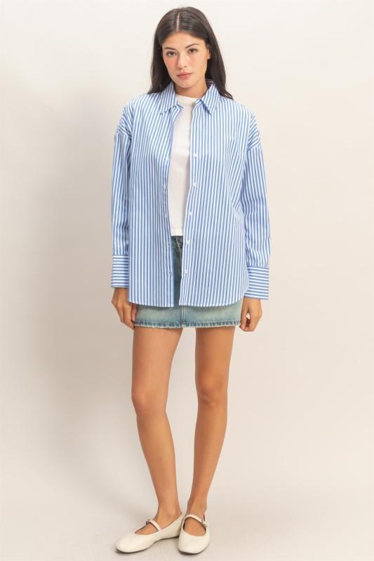 Cotton Poplin Striped Shirt-Bright Blue