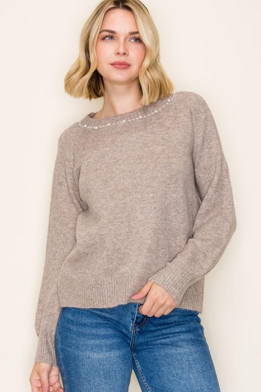 Pearl Trimmed Neck Sweater