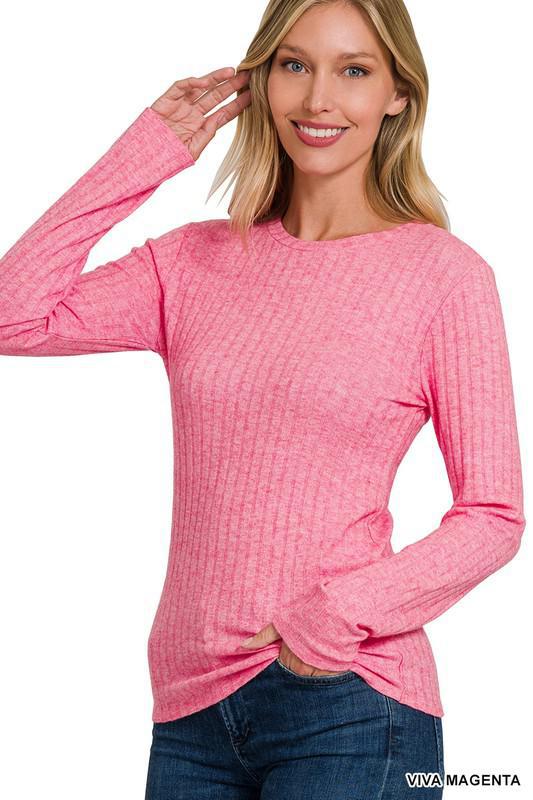 Ribbed long sleeve round neck top