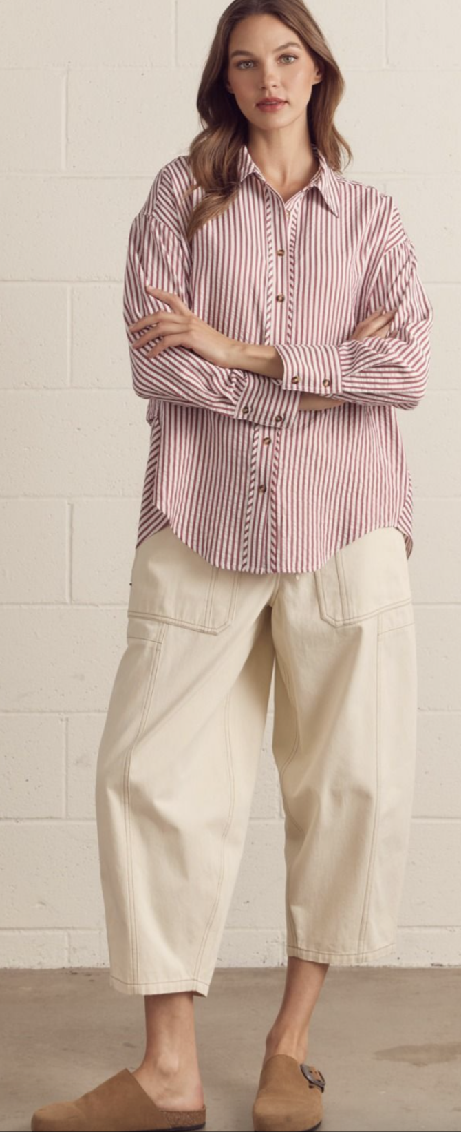 Striped Long Sleeve Wine Button Down