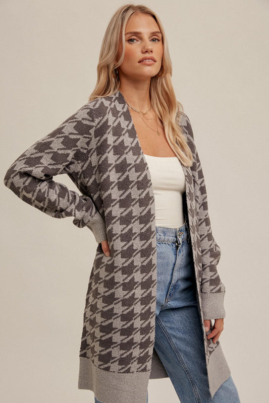 Houndstooth Open Long Cardigan