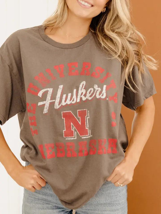 Thrifted Nebraska Huskers Tee-Charcoal