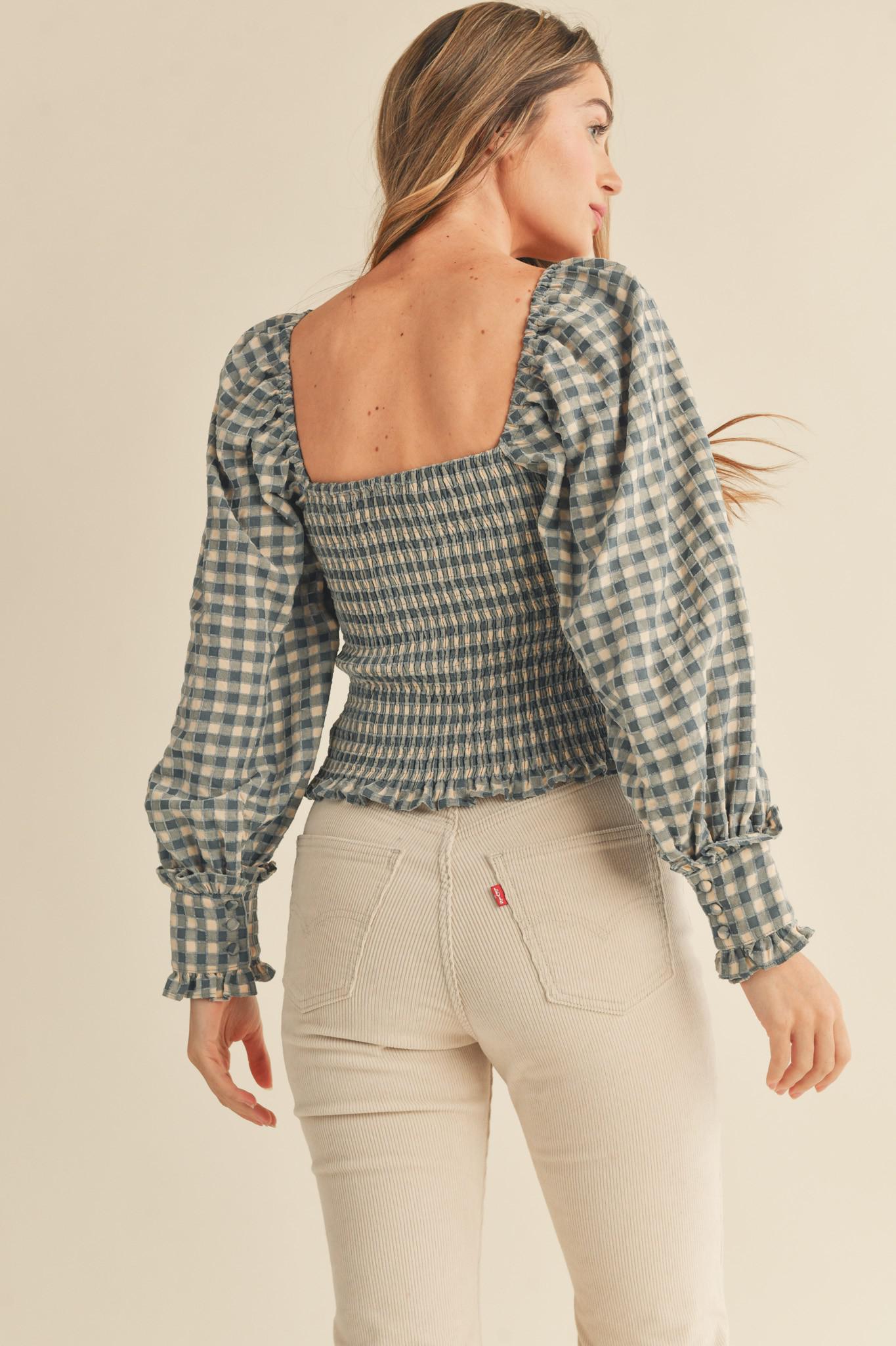 Gingham Square Neck Smock Top-Dusty Blue