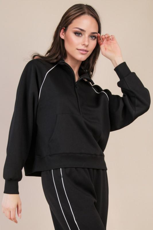 Half Zip Up Piping Detail Knit Top