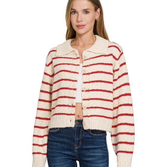 Striped Collared Button Cardigan