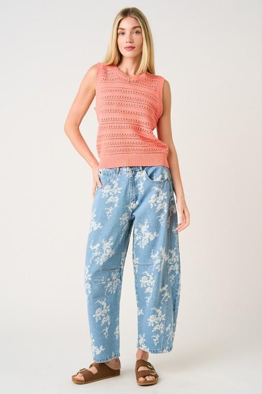 Floral Print Elastic Waist Barrel Jeans