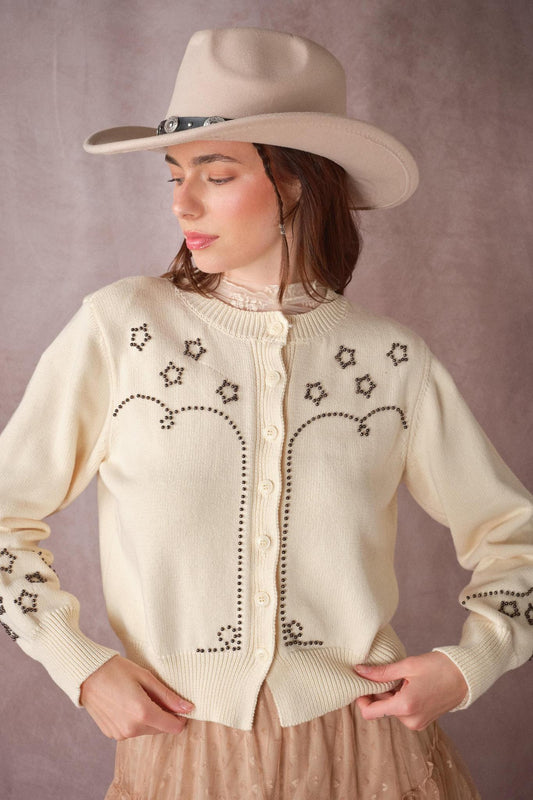 Western Stud Bead Knit Cardigan