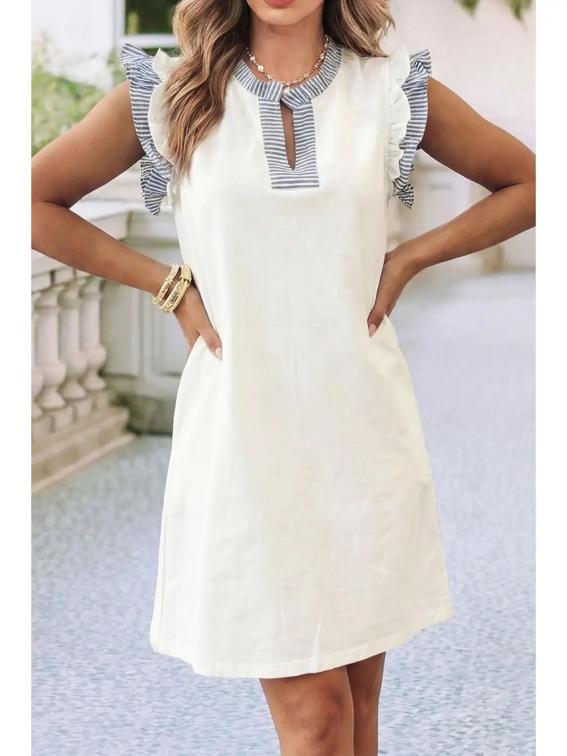 Striped Patchwork Split Neck Ruffle Trim Dress