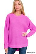 Hi-low long sleeve round neck waffle sweater