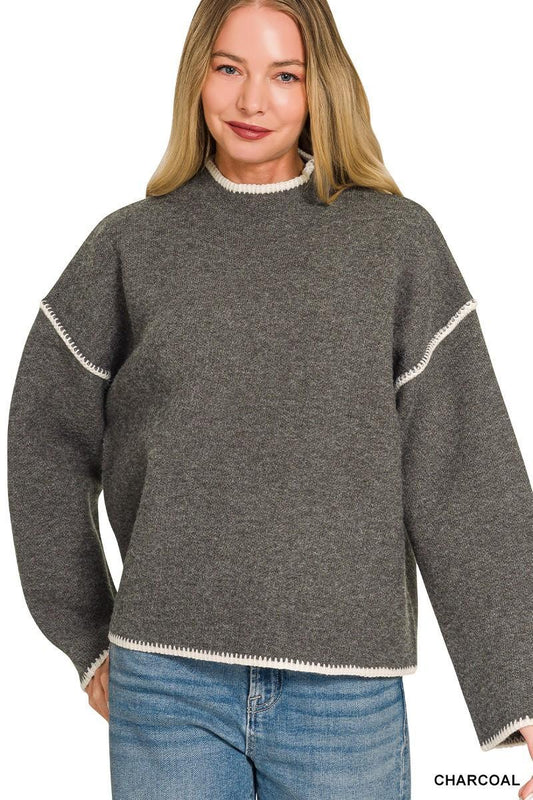 Stitch Detailed Mock Neck Sweater