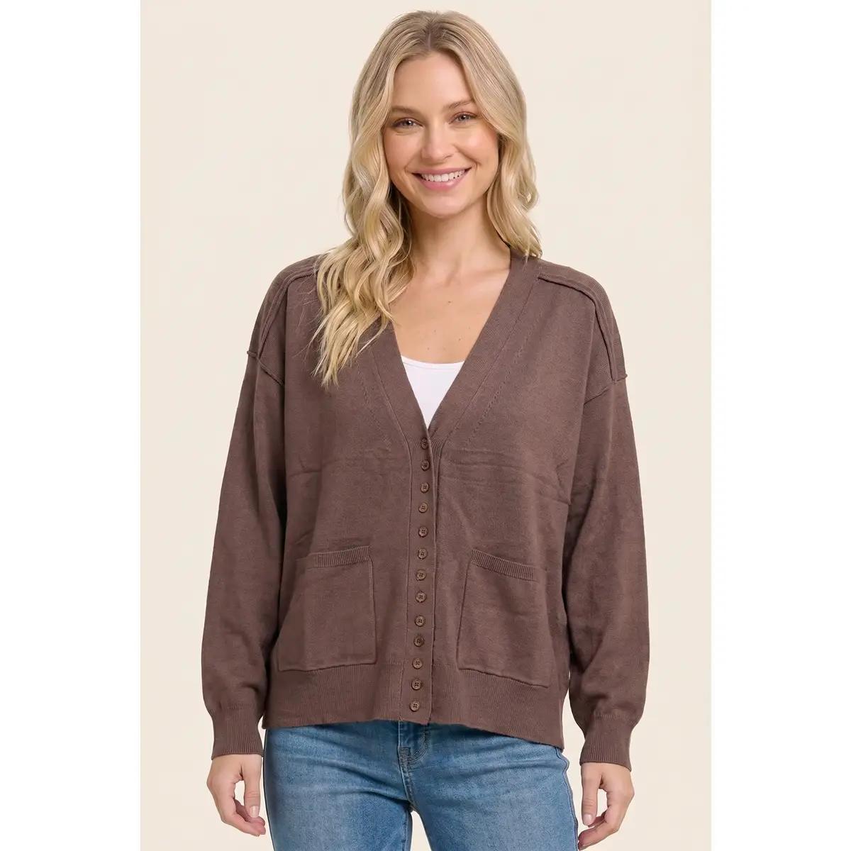 Solid V Neck Button Down Cardigan