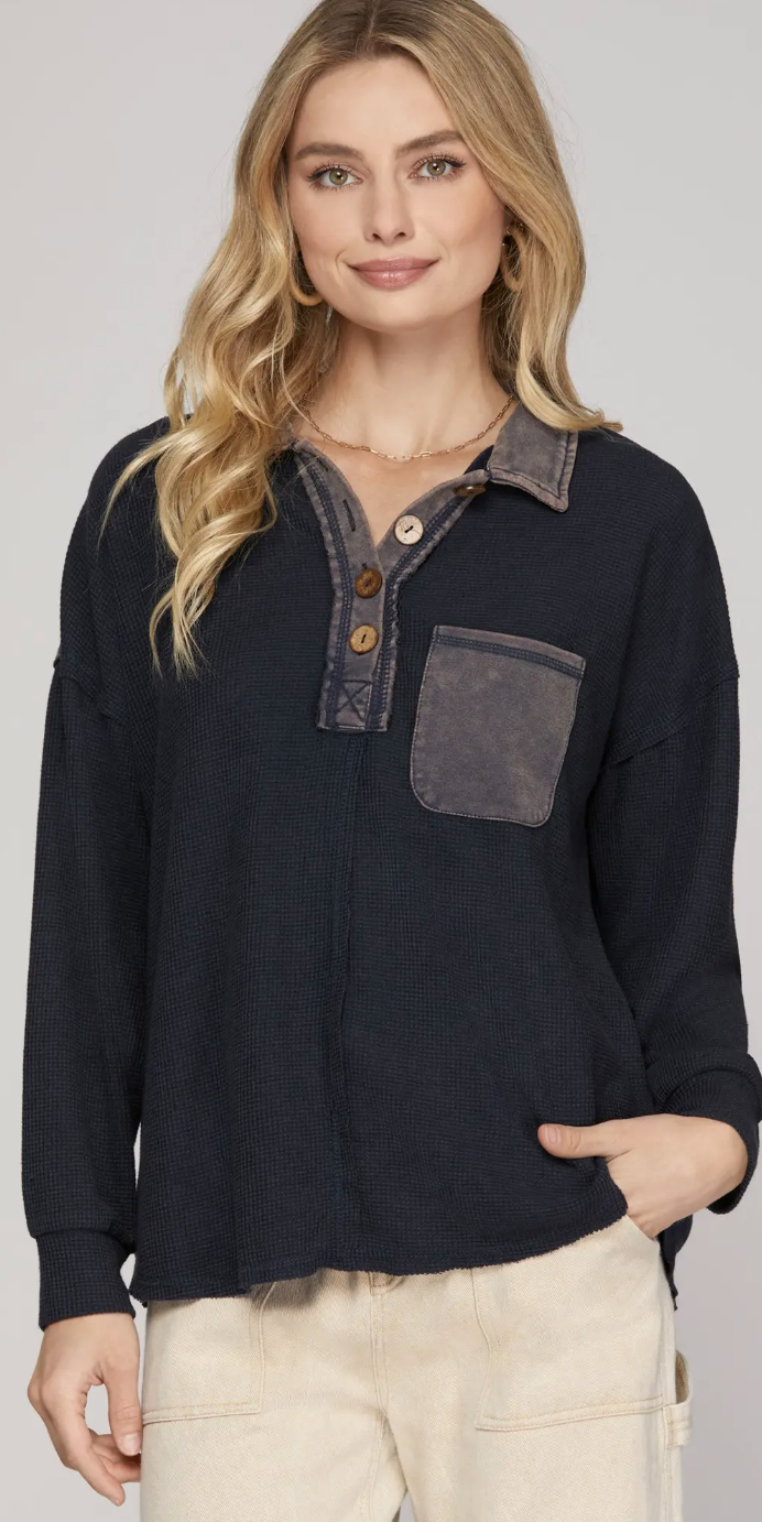 Waffled Knit Long Sleeve Henley