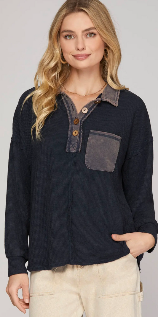 Waffled Knit Long Sleeve Henley