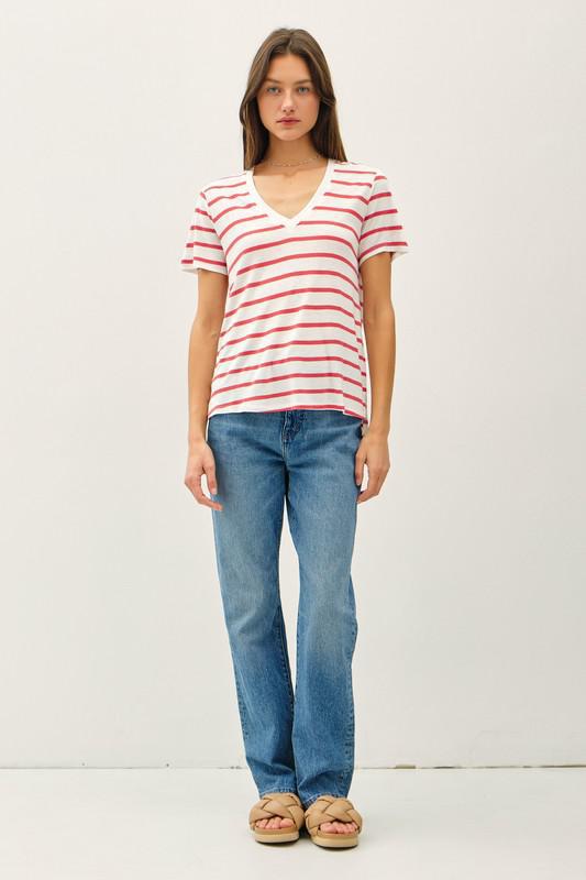 V-Neck Stripe Tee-Cranberry