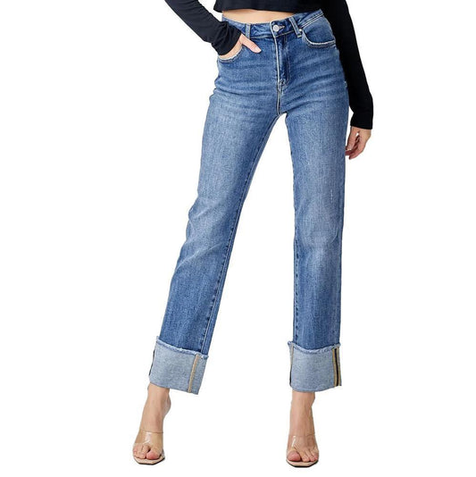 High Rise Straight Cuffed Relaxed Jean - Dark