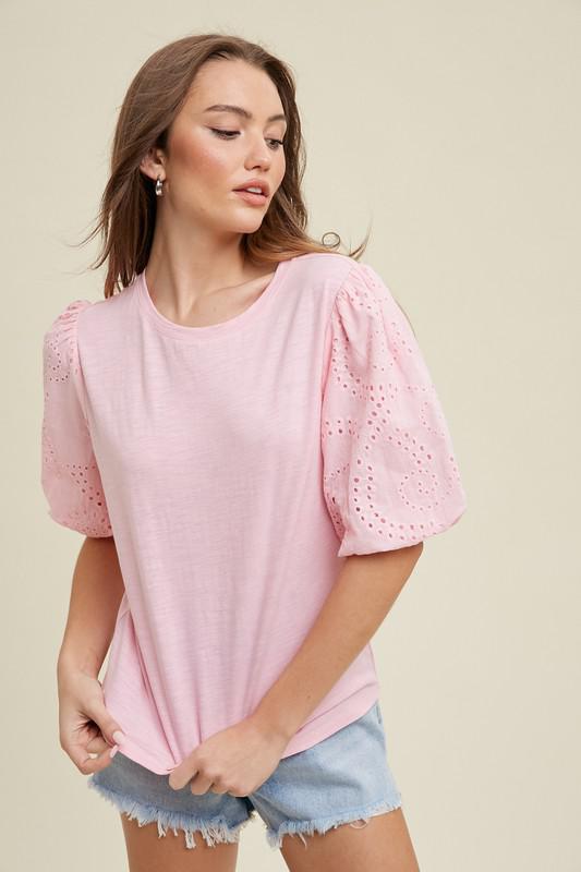 Eyelet Balloon Sleeve Knit Top- Pink