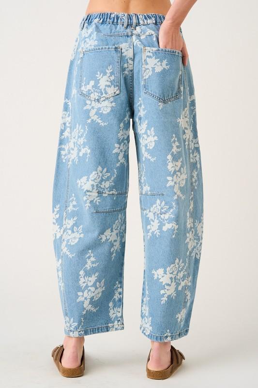 Floral Print Elastic Waist Barrel Jeans