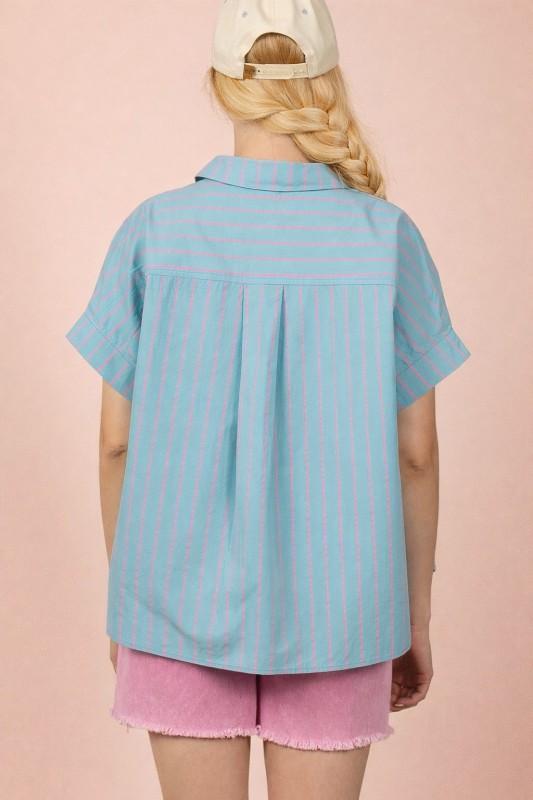 Oversized Short Sleeve Striped Button Up