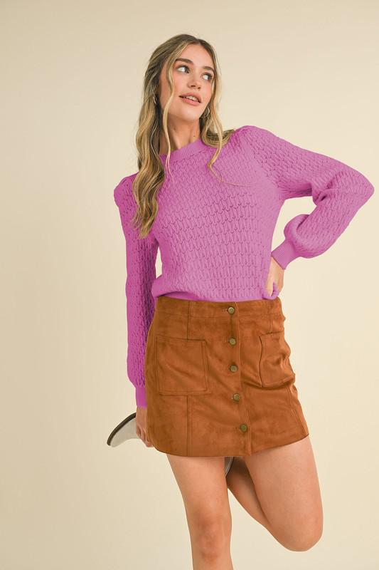 Puff Sleeve Scalloped Pointelle Sweater