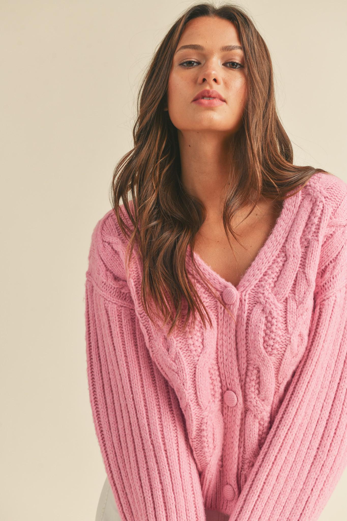 Cable Knit Puff Sweater Cardigan - Pink