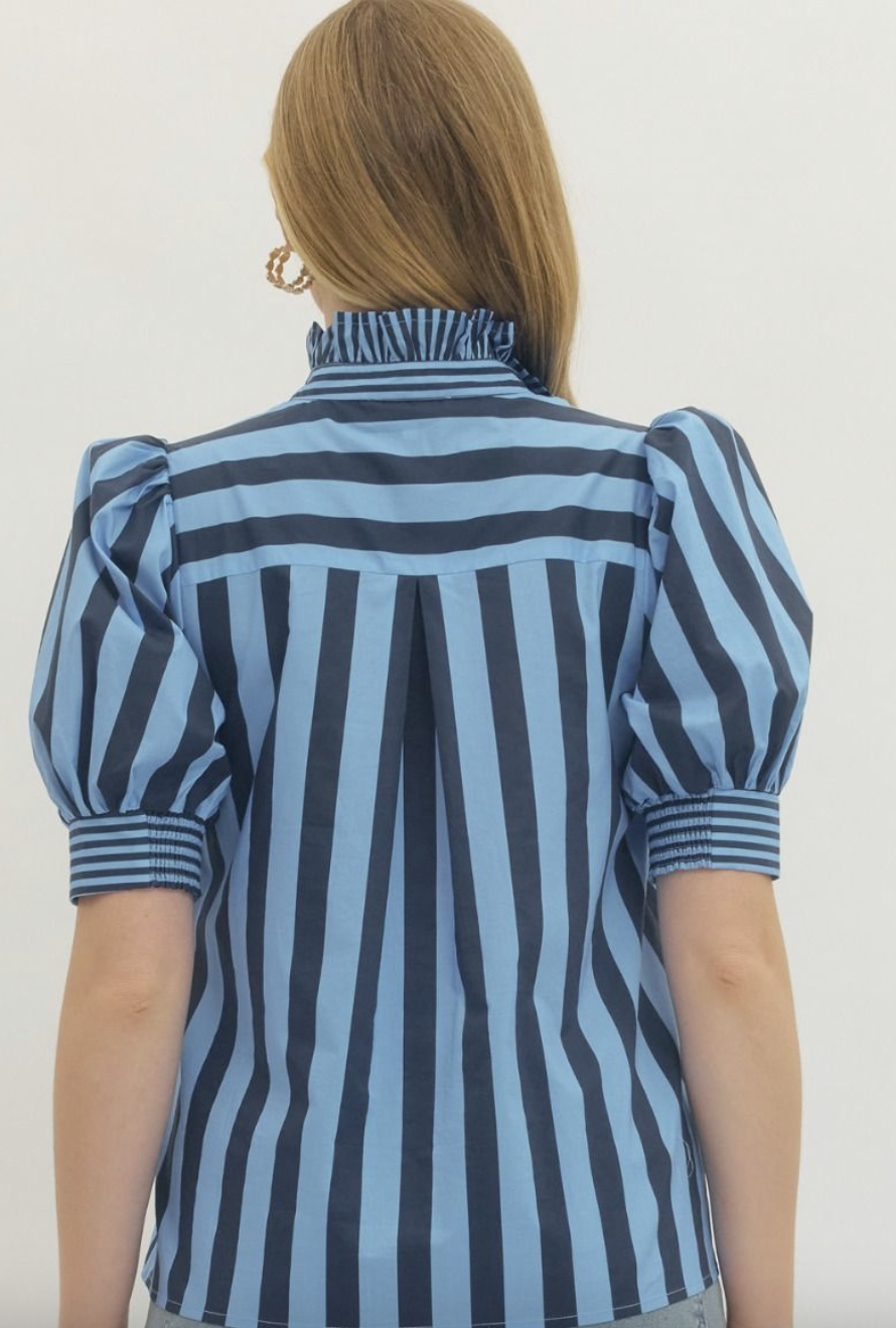 Striped Print Short Puff Sleeve