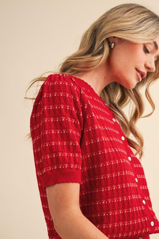 Pointelle Short Puff Sleeve Button Down Sweater