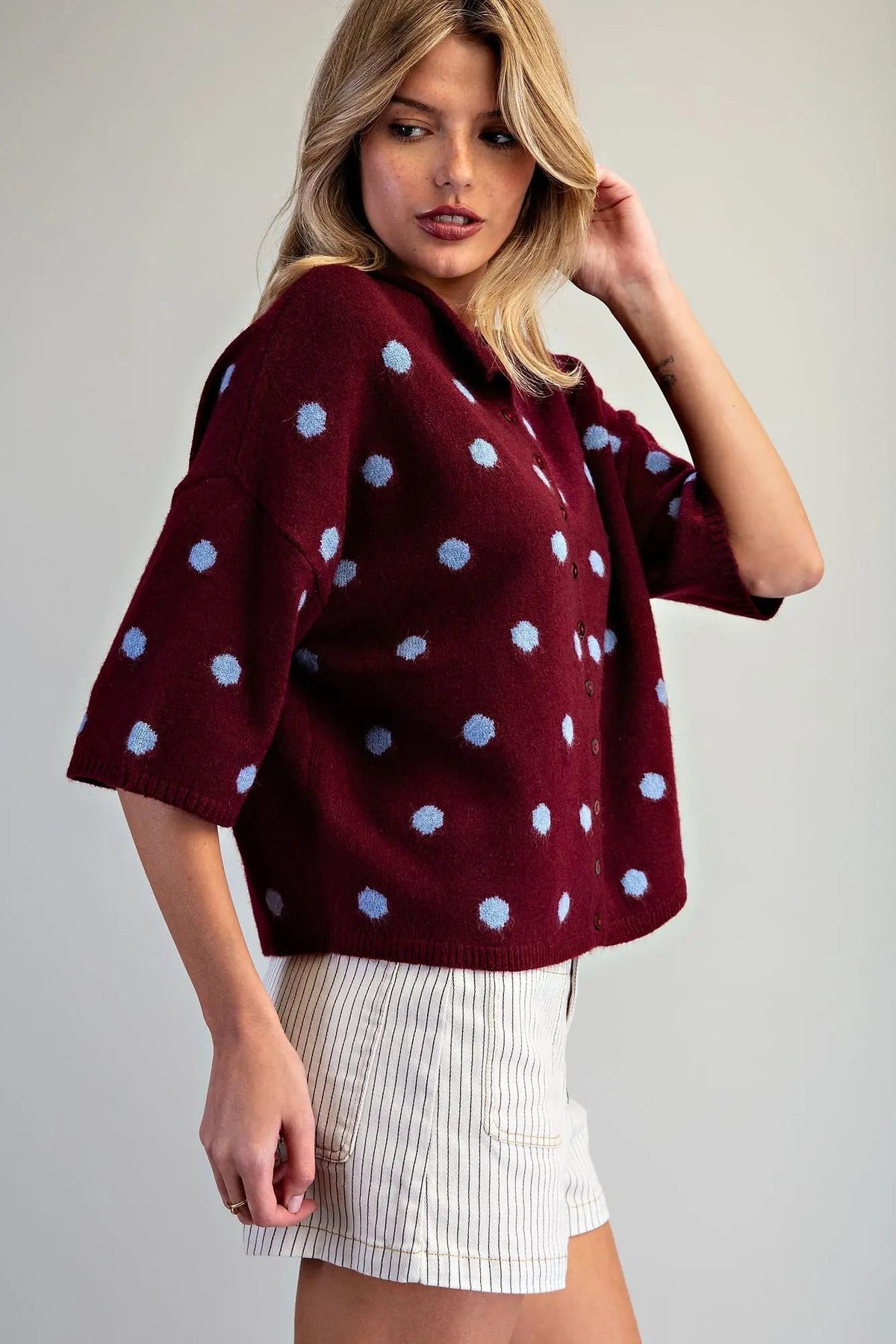 Polka Dot Short Sleeve Knit Cardigan