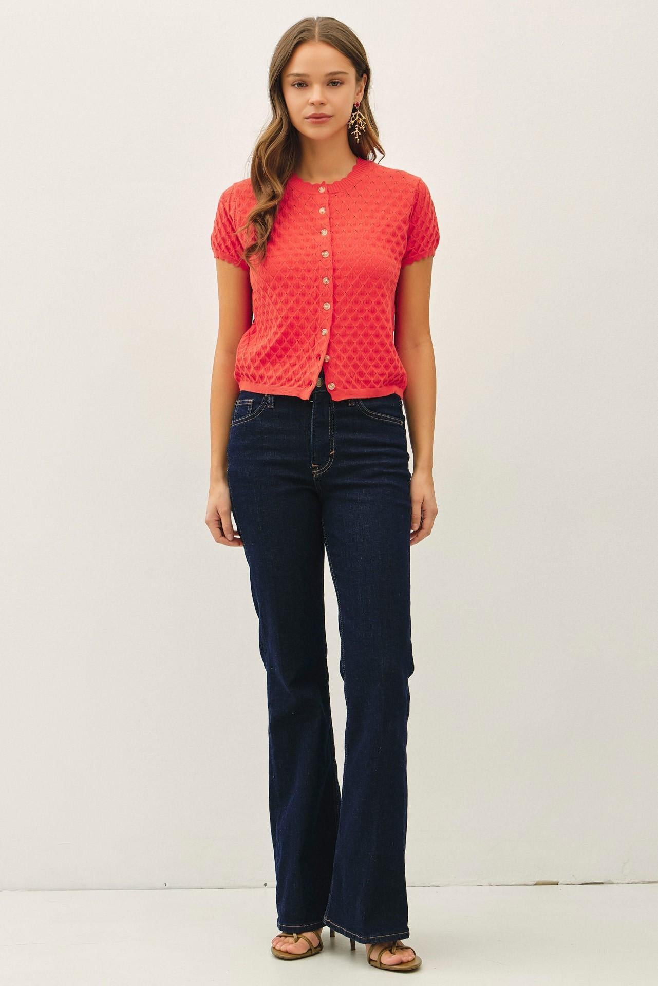 Pointelle Stitch Scalloped Short Sleeve Cardigan