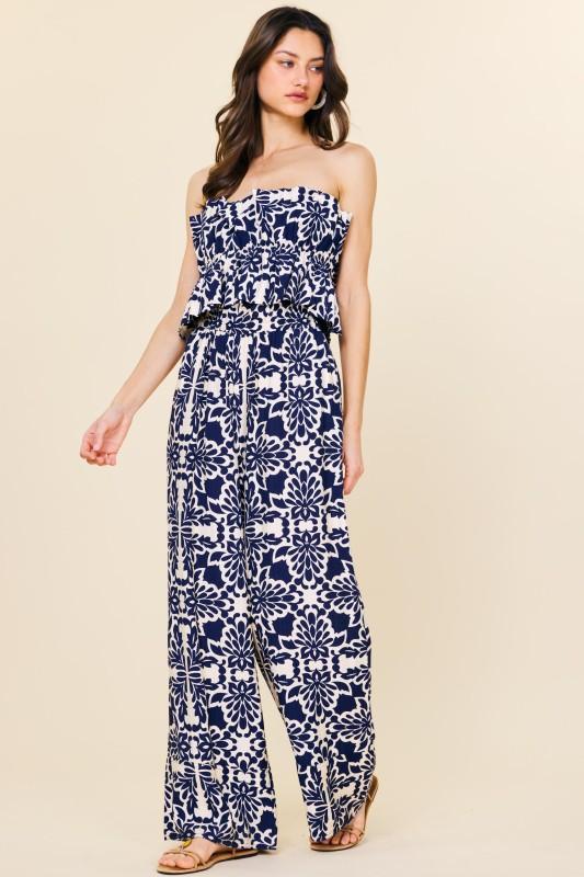 Printed Wide Leg Strapless Jumpsuit