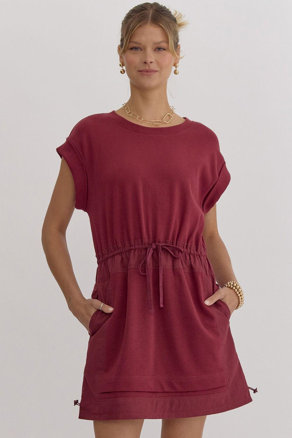 Short Sleeve Drawstring Dress -Garnet