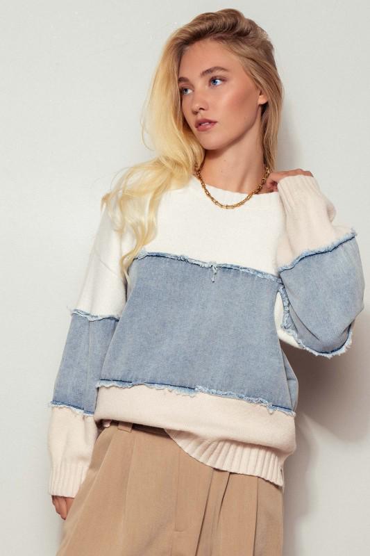 Colorblock Denim Patchwork Sweater