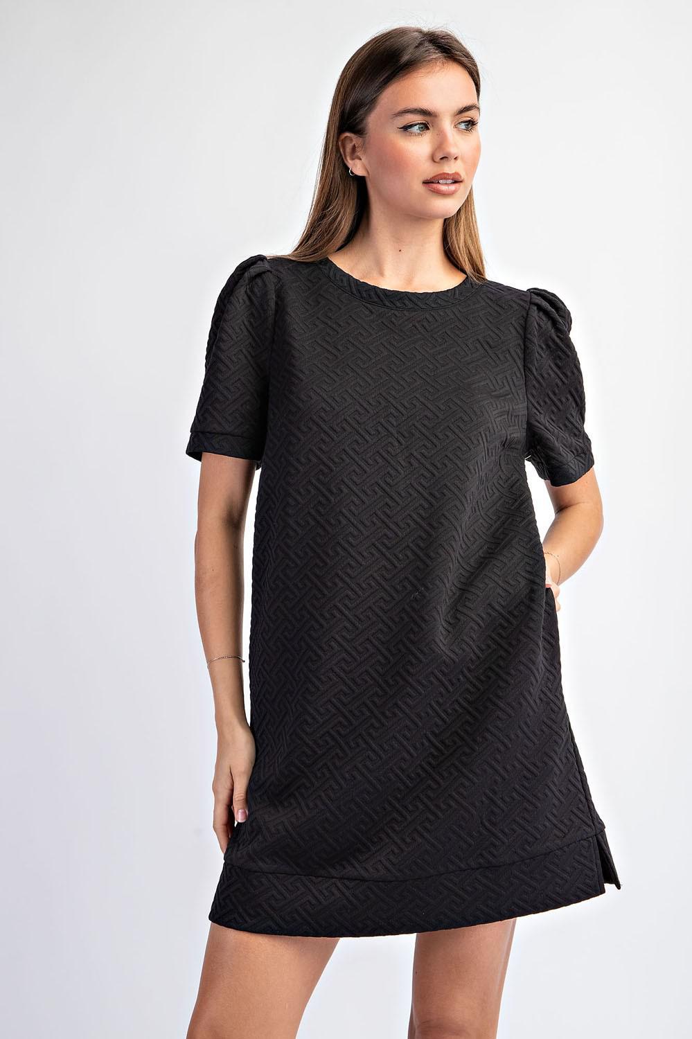 Textured Puff Sleeve Pocket Mini Dress - Black