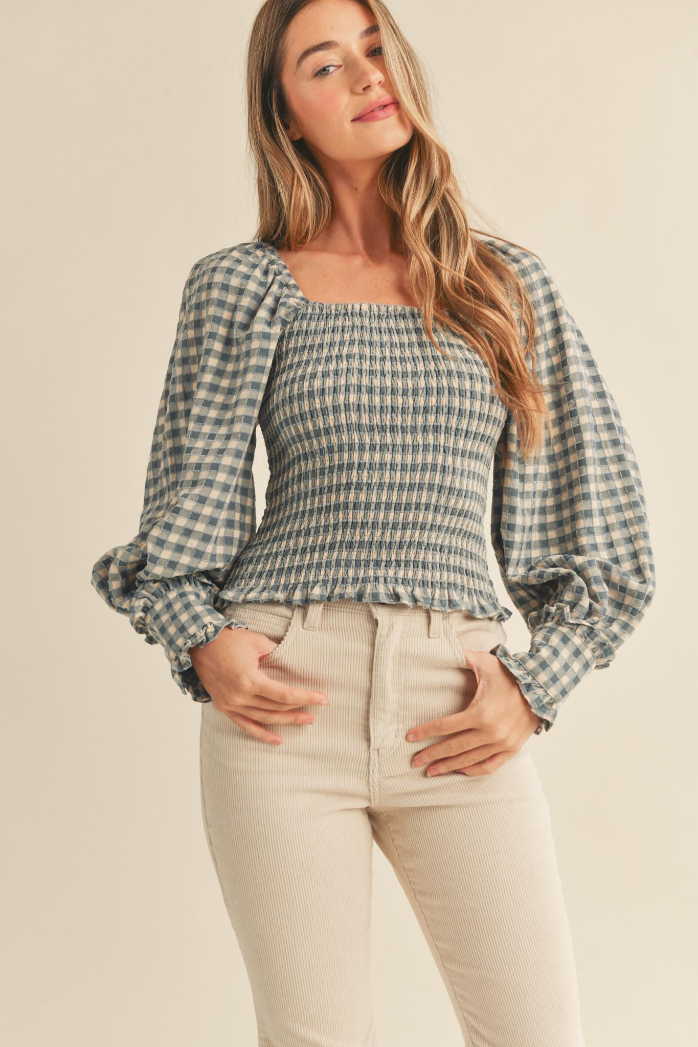 Gingham Square Neck Smock Top-Dusty Blue